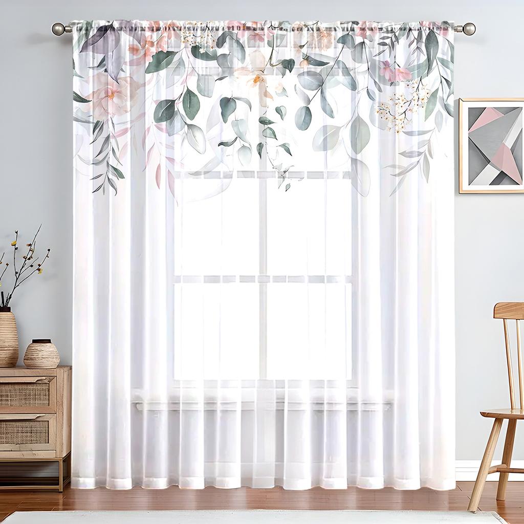 1PC Elegant Wisteria Flower Sheer Curtains - Purple Floral Design with Green Leaves, Rod Pocket Top for Living Room, Kitchen, Bedroom, Balcony