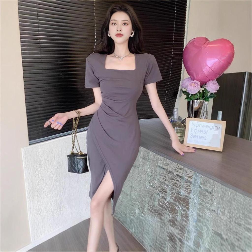 Women's 2024 French Square Neck Slit Pleated Summer Bodycon Dress