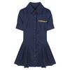 New College Style Lapel Dress, Thin Summer Short Sleeves, Waist Folds, Temperament Breasted A-word Skirt
