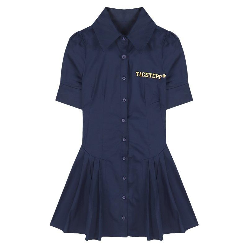 New College Style Lapel Dress, Thin Summer Short Sleeves, Waist Folds, Temperament Breasted A-word Skirt