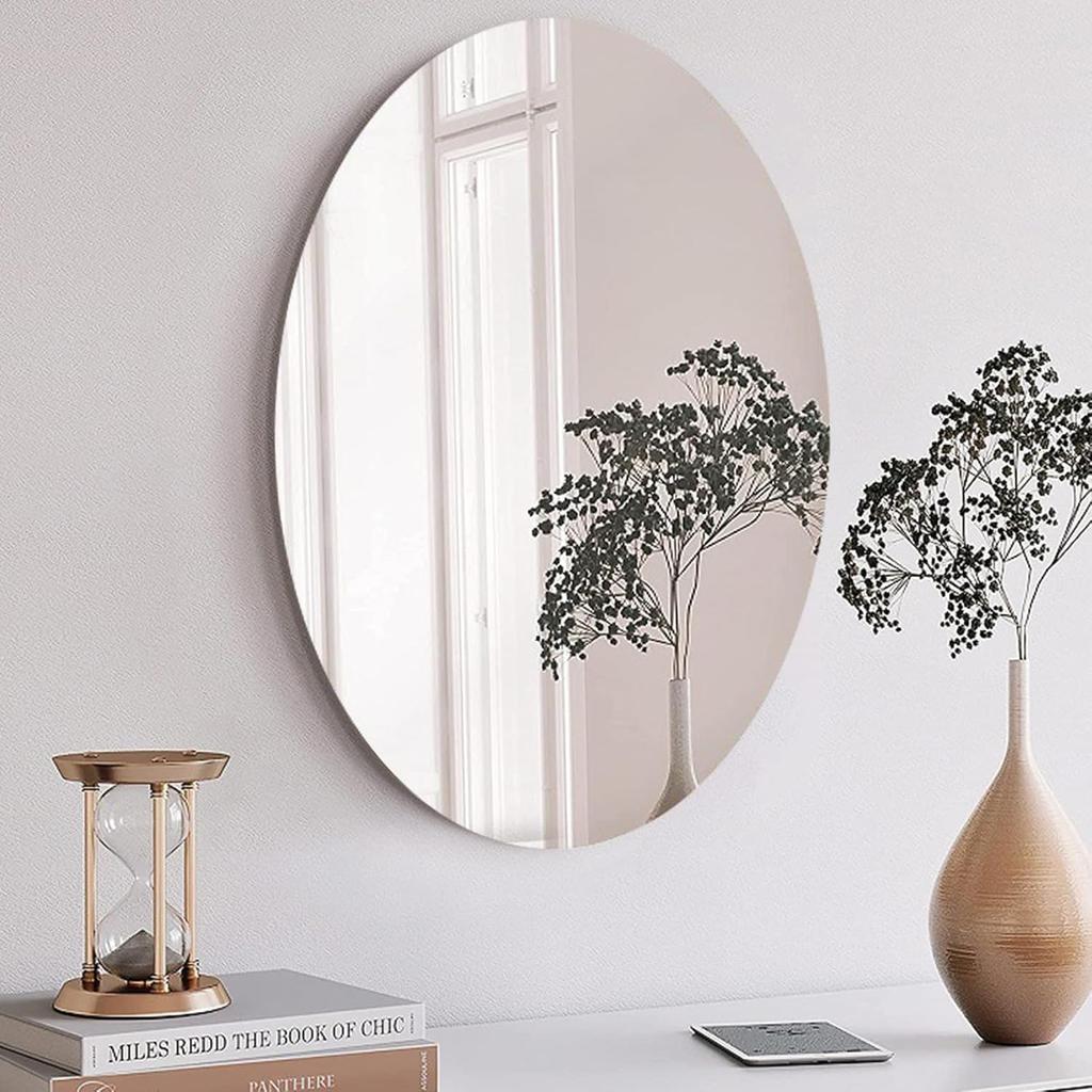 Oval Wall Mirror Non Glass 2Pcs Oval Vanity Mirror Self Adhesive Acrylic Mirror Wall Sticker Flexible Frameless Plastic Mirror Home Decorative Wall