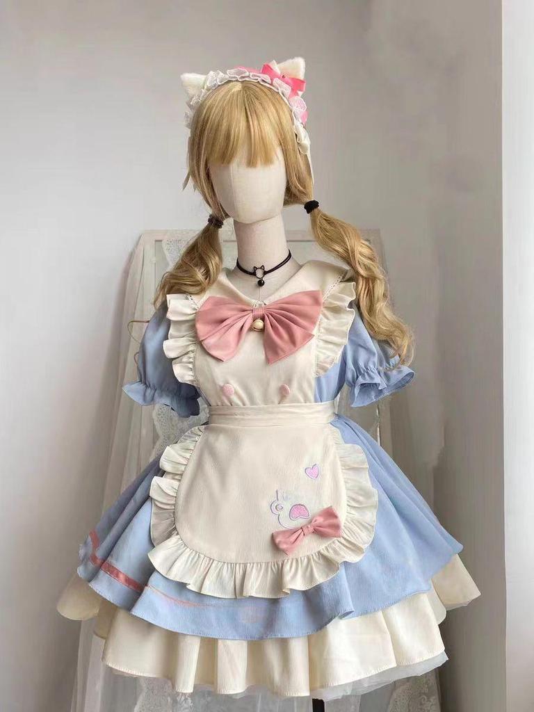 Japanese Cute Lolita Soft Girl Maid Cosplay Suit with Bow