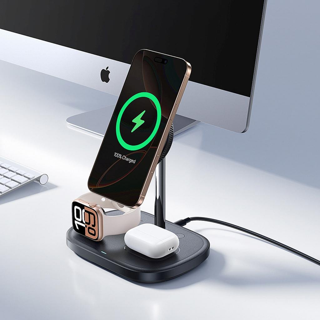 Ładowarka Indukcyjna 3W1 Do Smartfona Zegarka Słuchawek Z Chłodzeniem Kablem Usb-C 45W - Czarna