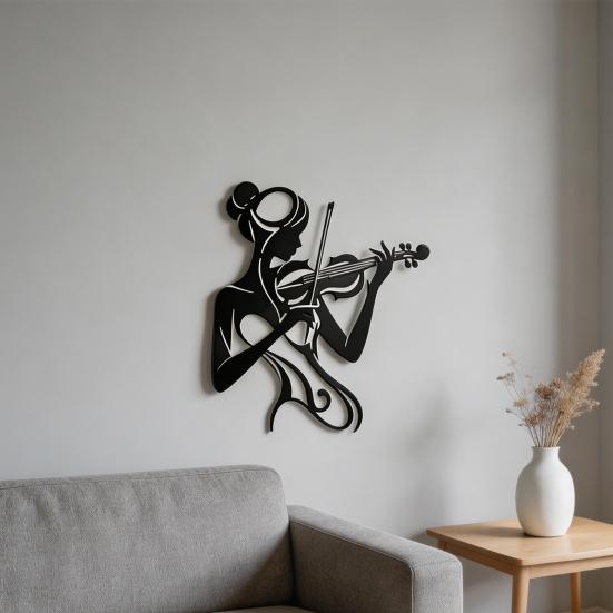 Musik Wandkunst Schwarz 2D Flache Frau spielt Violine Silhouette Metallskulptur Feminine Wanddekoration für Musikzimmer Studio Einweihungsgeschenk