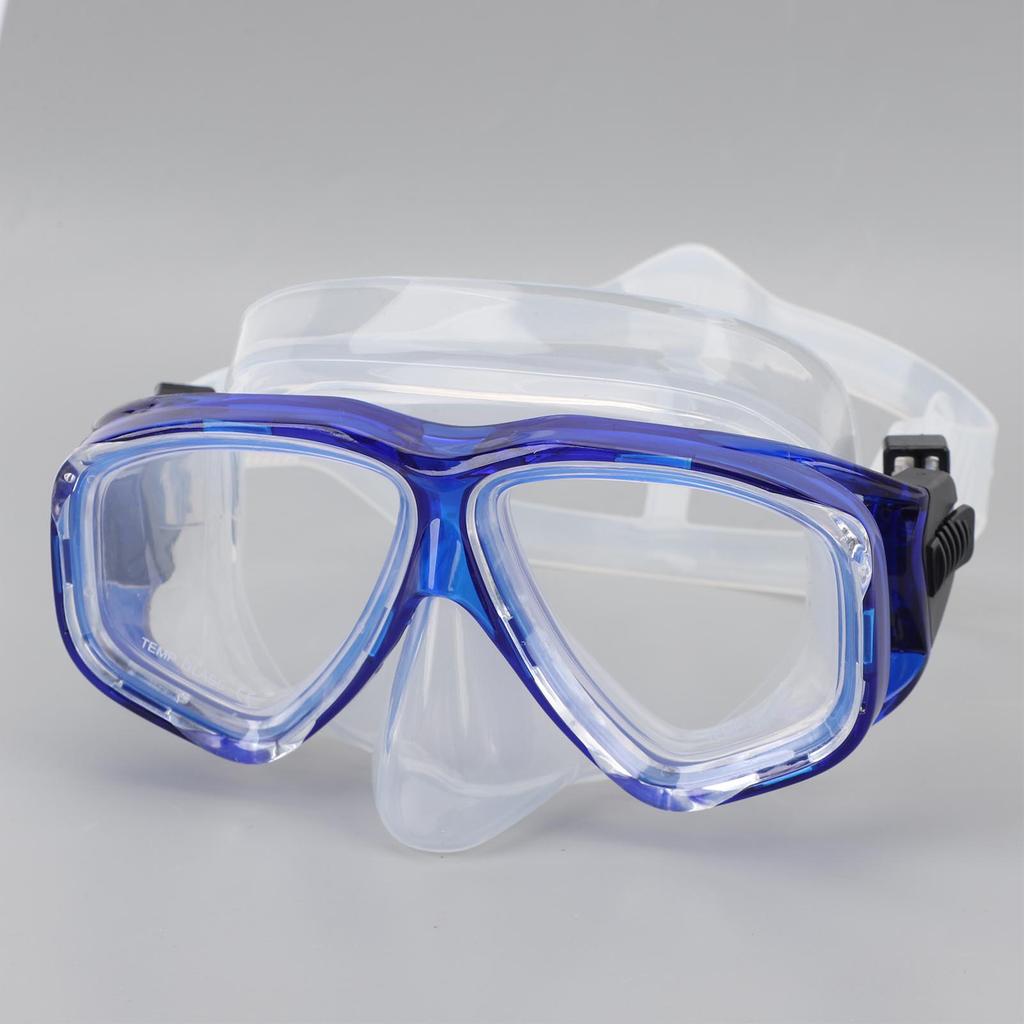 Diving Goggles with Nose Cover Wide View Anti Fog Tempered Glass Lens Silicone Snorkel Scuba Goggles Blue