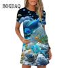 Women Dress Streetwear Clothing Casual Loose Short Sleeve O-Neck Mini Dress Fish Octopus Crabfish Pattern Woman Dresses