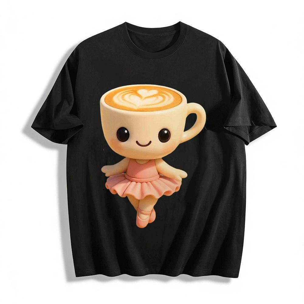 Cute Ballet Coffee Cup Print Casual Short Sleeve Top Pure cotton T-shirt XXS