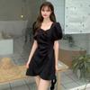 Summer Short Dress Solid Color Square Neck Waist Thin Bubble Sleeve Irregular Pleated Short Sleeve Dress