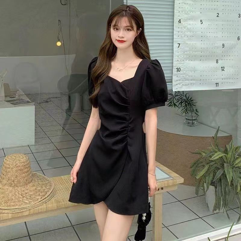 Summer Short Dress Solid Color Square Neck Waist Thin Bubble Sleeve Irregular Pleated Short Sleeve Dress