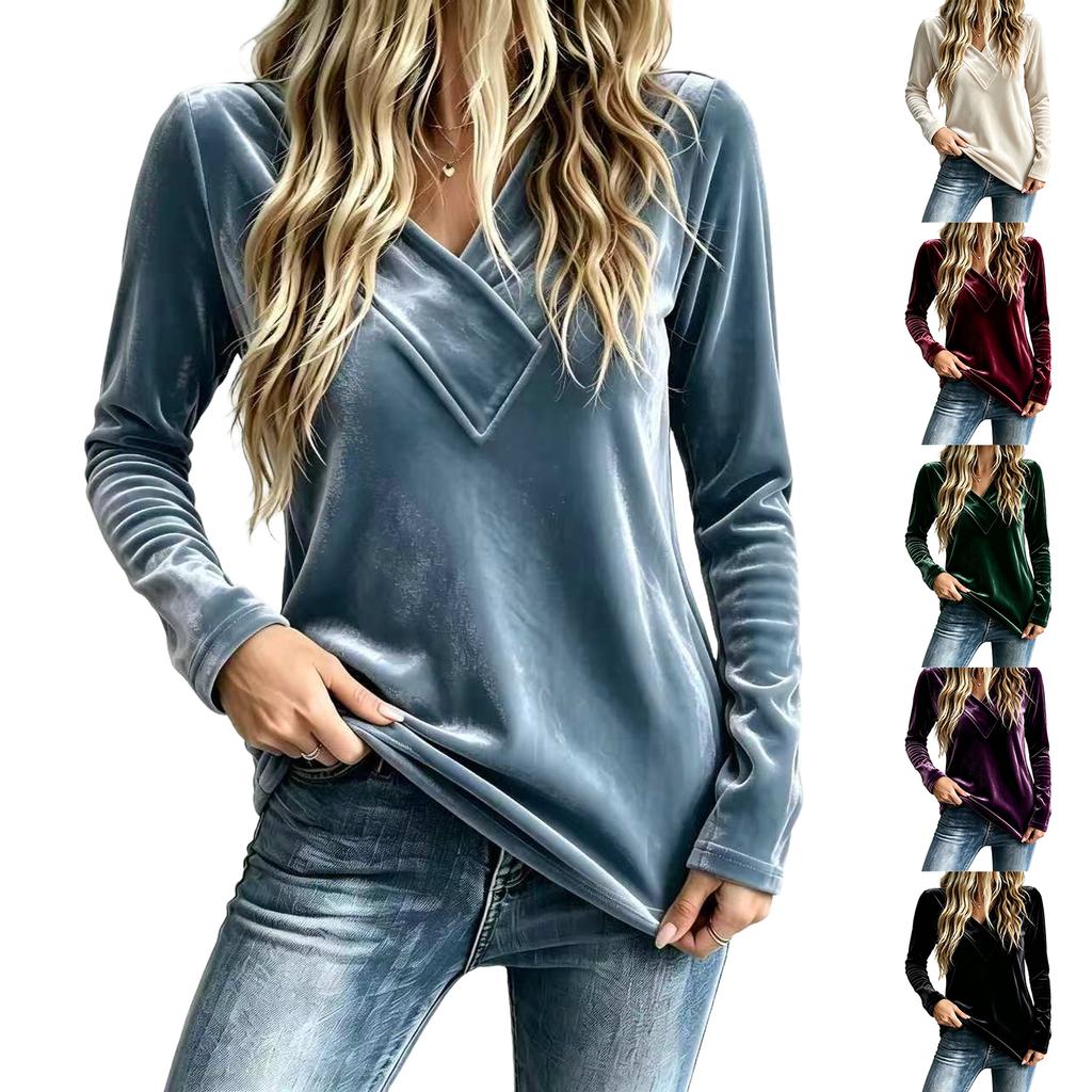Damen Casual Samt V-Ausschnitt Langarm T-Shirt Top für den Alltag
