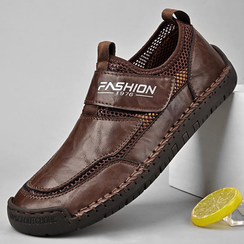 

Spring outdoor men s leather shoes breathable mesh men s shoes casual large size shoes men s Doudou shoes men 48 темно-коричневого