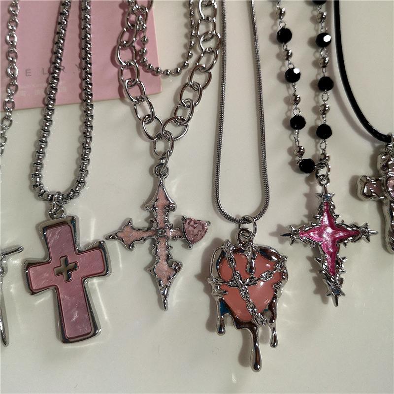 Collier Ras-du-cou Pendentif Croix Rose Cœur Gothique Pour Femmes Egirl Hip Hop Chaîne Corde Punk Y2K Breloques Bijoux Esthétiques Accessoires