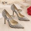 2025 Wedding Shoes Women'S Pearl Crystal High Heels Women'S Stiletto Pointy Net Red Champagne Dress Single Shoes