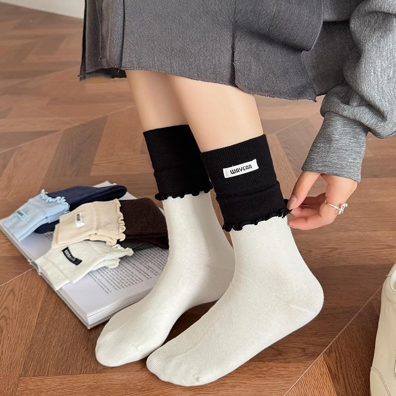 Women's Double-slit Lace Mid-calf Socks, Color-blocked Fabric Label Pile Socks, Four-season Casual Combed Cotton Simple and Trendy Socks