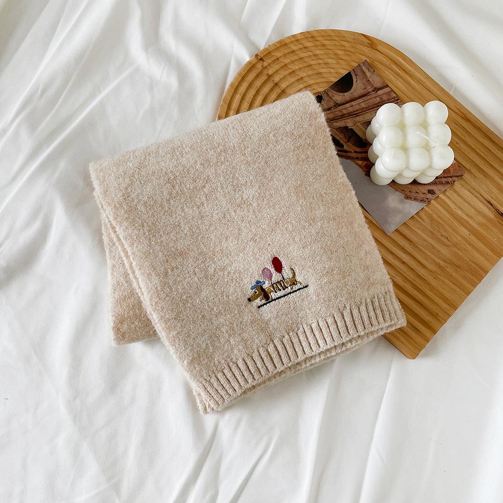 Winter knitted wool small scarf women's new high-end dog embroidery simple matching scarf