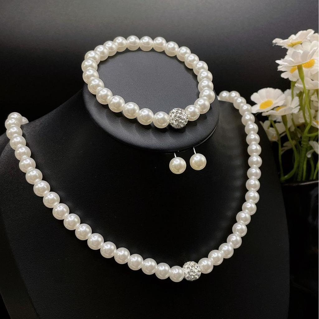 3-teiliges Set Imitationsperle Feuerball Halskette Armband Ohrstecker Schmuckset Silberfarbe Kristallstein Elegant Brautschmuck