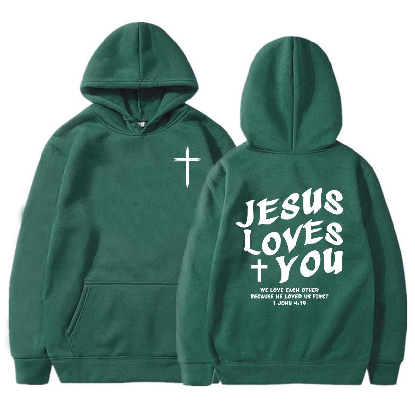 Jesus elsker deg Kristne bibelvers hettegensere Bokstavgrafikk trykk Sweatshirts Menn Kvinner Hettegensere Unisex topper