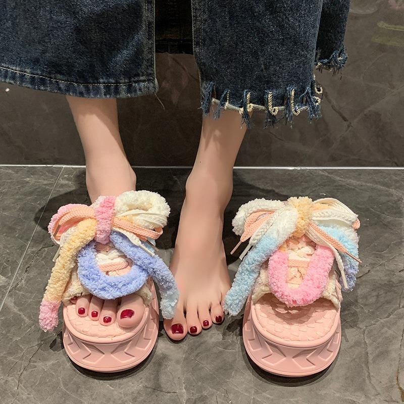 Fashion Kawaii 5.5CM Summer Women Weave Slippers Platform Shoes Mules Flip Flops Candy Color Sandals Flat Casual Soft Cute Outdoor Shoes