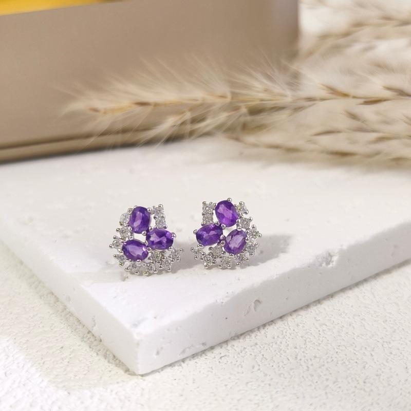 

S925 Silver Gemstone Stud Earrings, Natural Crystal/Garnet/Topaz, Fashion Niche Design Ear Jewelry, Daily Accessory for Girls, Gift for Her 925 silver