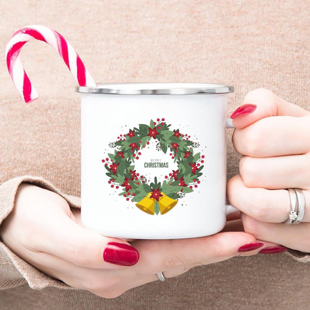 

Эмалированная кружка с принтом рождественского венка, кружка для кемпинга, рождественский подарок для бабушки, мамы, бабушки, домашнего декора, подарочные кофейные кружки в стиле хюгге 360ml