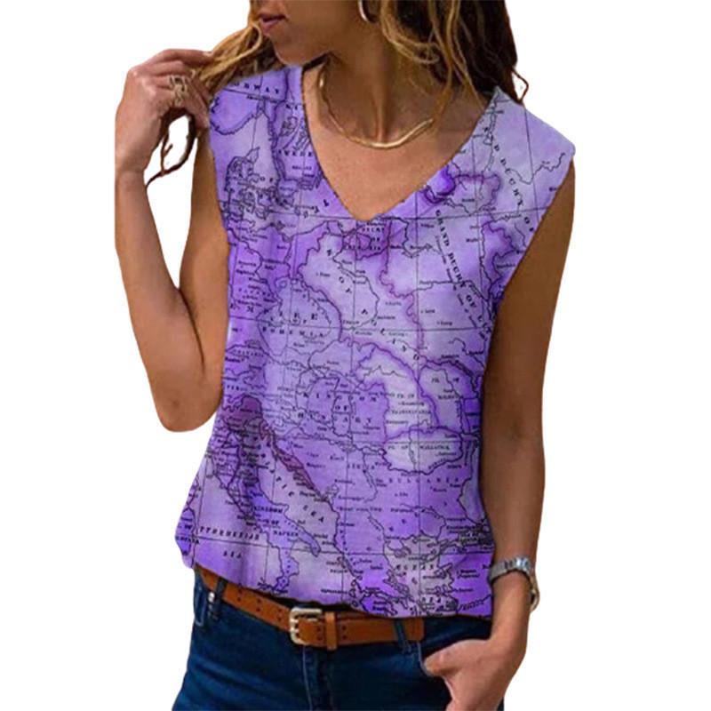 Women Summer Map Printed V Neck Sleeveve Casual T-shirt Top