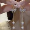 Temperament Zircon Pearl Butterfly Drop Earrings For Women Shiny Crystal Bow Long Tassel Earrings Girls Daily Party Jewelry Gift