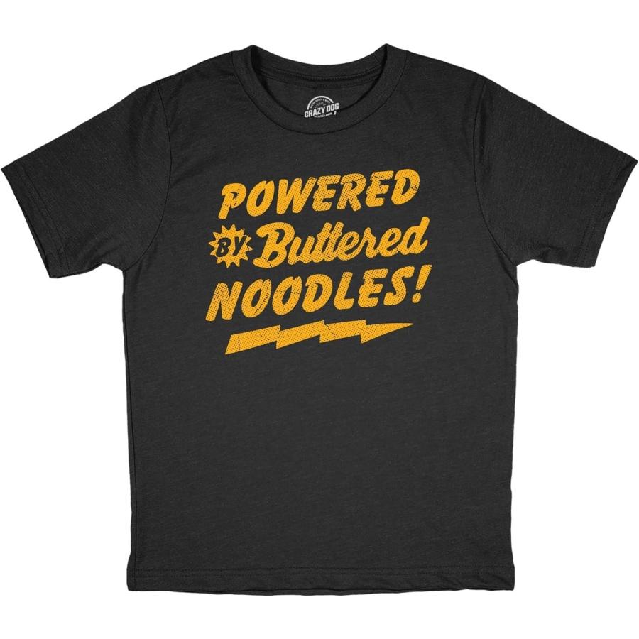 Youth Funny T Shirts Powered by Butter Noodles Sarcastic Food Graphic Novelty Tee for Kids S