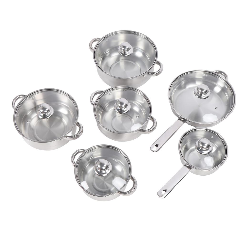 6-teiliges Edelstahl-Topf- und Pfannen-Set Gleichmäßige Erwärmung Verdickt Leicht zu reinigendes Kochgeschirr-Set mit Deckeln