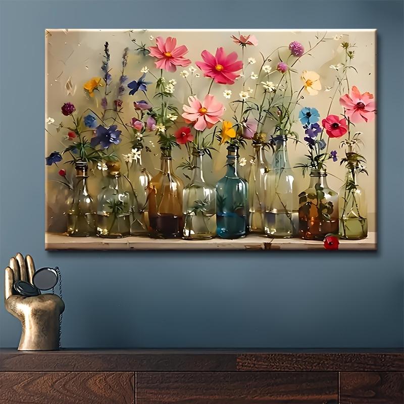 Colorful Floral Canvas Art & Mason Jar Wall Décor: Blue, Pink, Yellow, Purple Bouquet