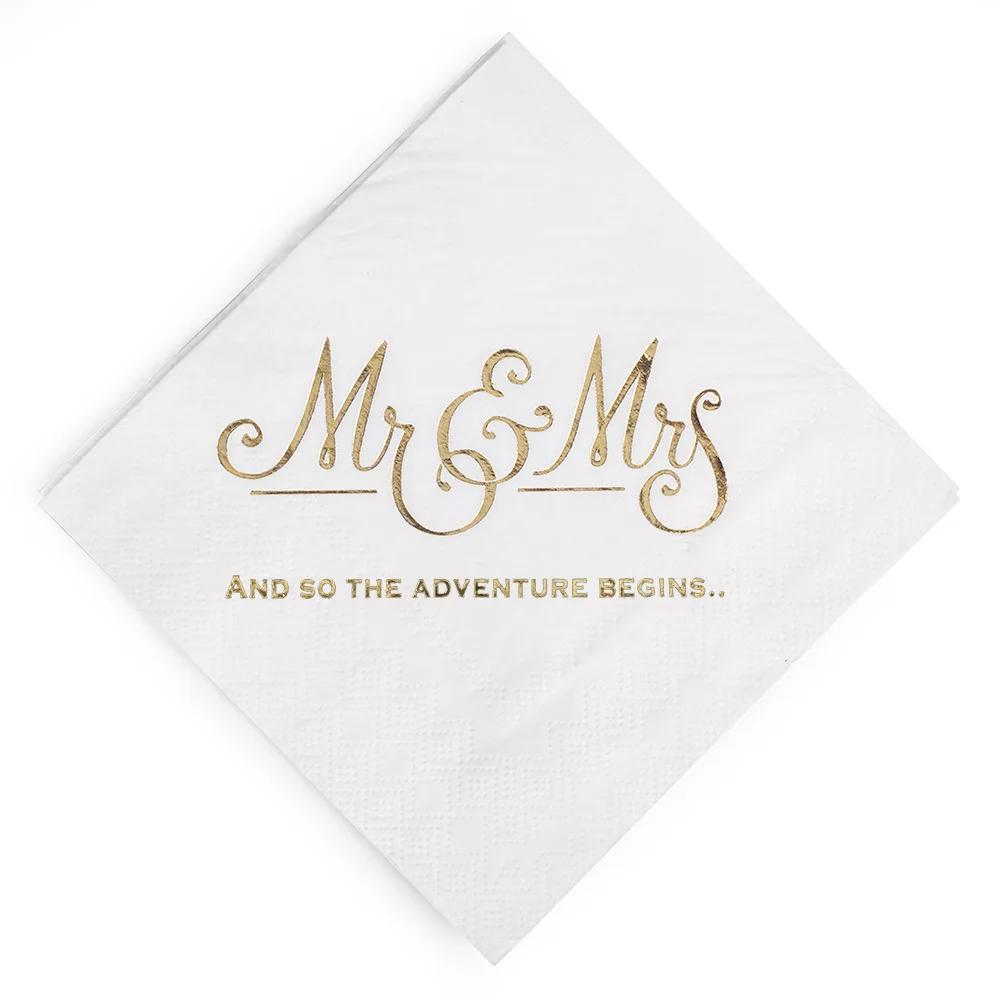 100PCS Mr&Mrs Wedding Paper Napkins Disposable 10inch Bronzing Cocktail Beverage Dessert Napkins Wedding Anniversary Party Decor