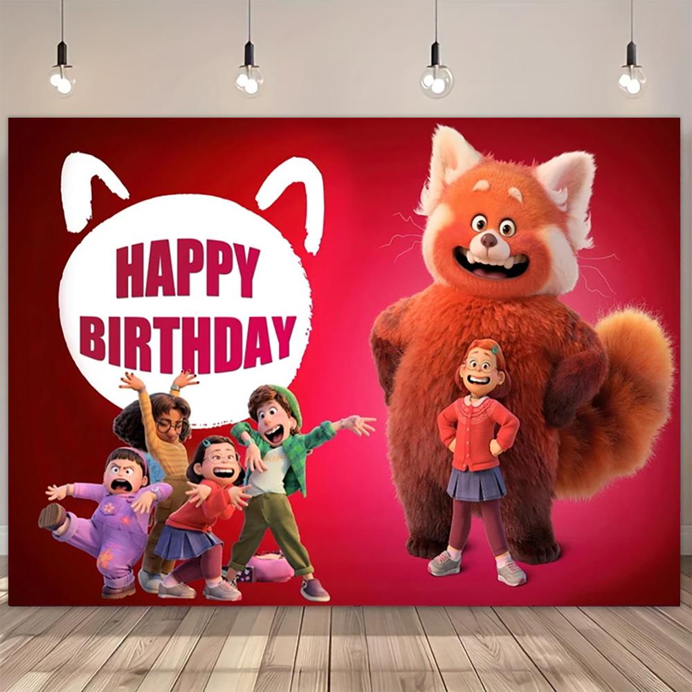 Cartoon Turning Red Happy Birthday Backdrop Banner Cute Red Panda Theme Kids Girls Birthday Party Decor Photo Background Supplie