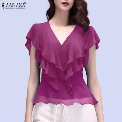 Women Summer Ruffles V-Neck Casual Short Sleeve Blouse