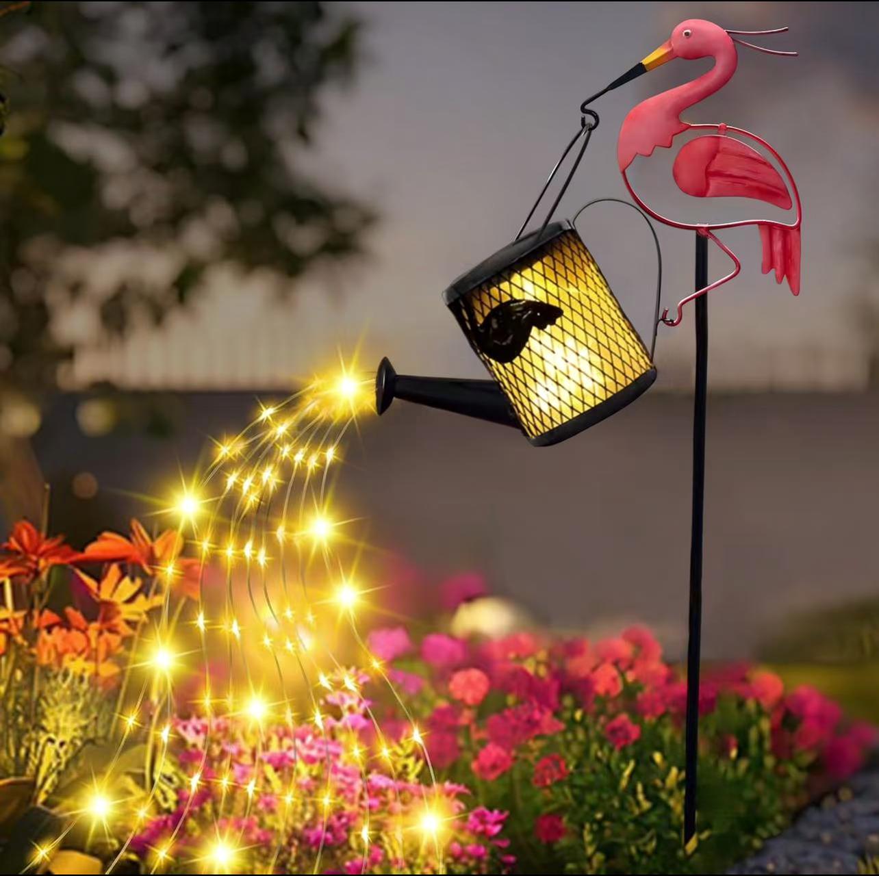 

Retro Metal Solar Flamingo Watering Can Stake Light Shimmering Waterfall Fairy Light Waterproof Garden Art Yard Ornament Gift