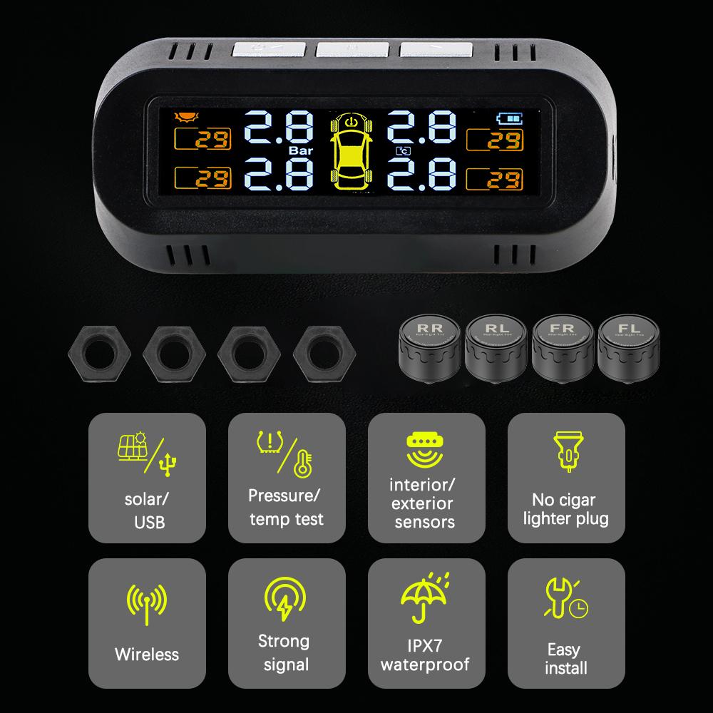 Car TPMS Tire Pressure Monitoring System Tyre Pressure Tester Digital LCD Display Automobile Security Alarm 4 Sensors Solar TPMS