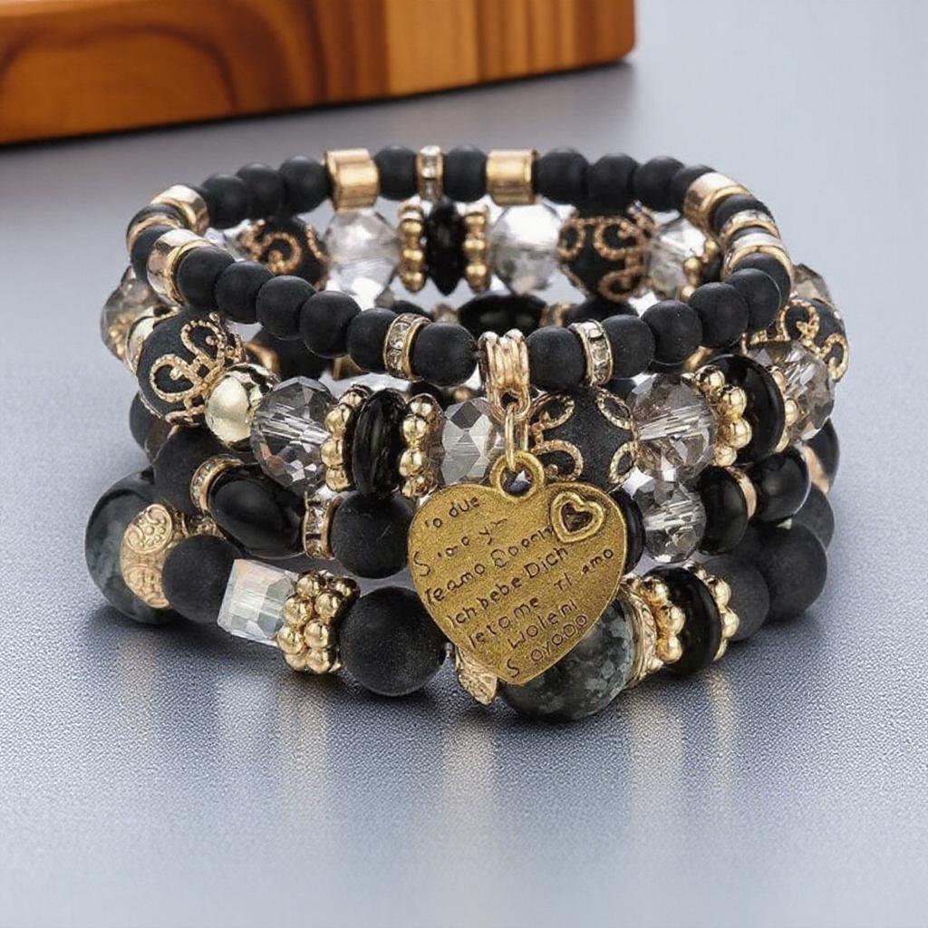 Boho Crystal Bead Bracelets for Women Elastic Heart Letter Bangles Wristband Yoga Jewelry Gift Set 4Pcs