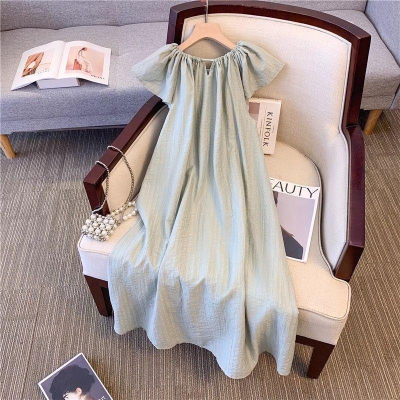 

Elegant French Style Plus Size Summer Dress with Flutter Sleeves & Belly Coverage XL for 150-190 jin светло-синий