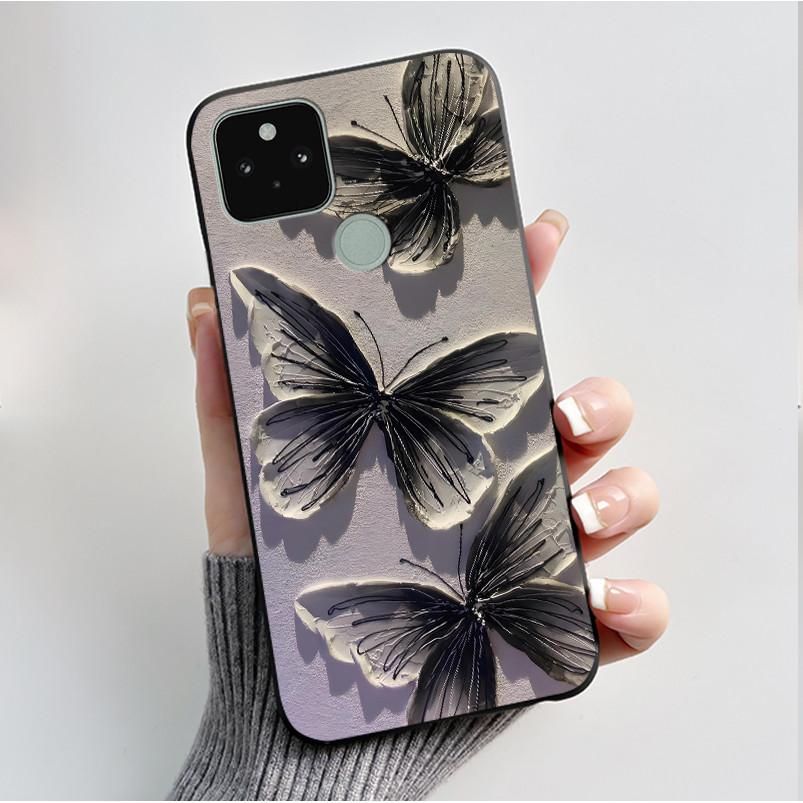 Silikonhülle für Google Pixel 5 Pixel 5A Pixel5 Pixel5A Weiche Abdeckung Luxus Mode Schmetterlingsblumen Bemalt Schwarz Handyhülle