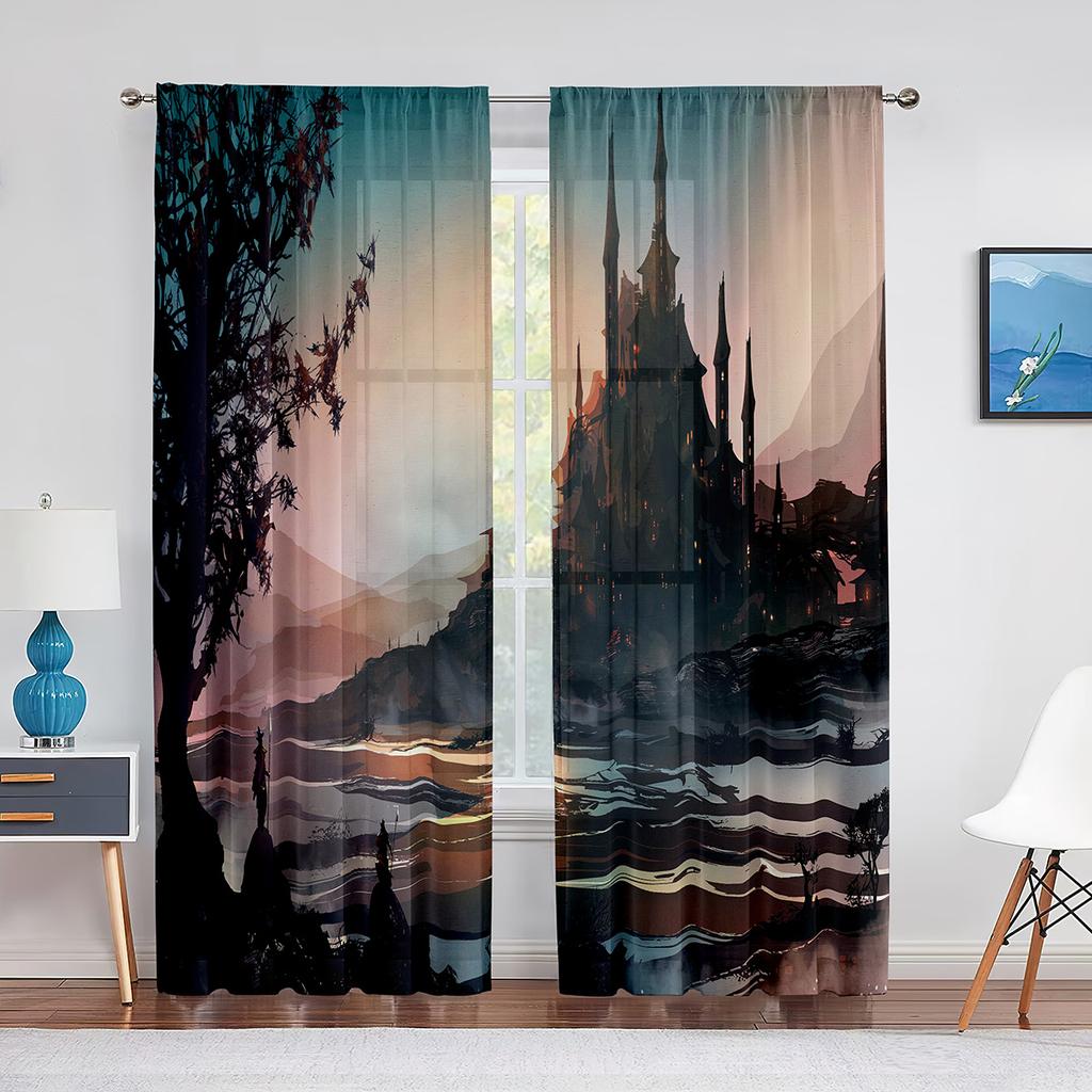 Medieval Castle In Winter Scenery Sheer Curtains for Living Room Bedroom Decor Window Tulle Curtain Transparent Chiffon Curtains