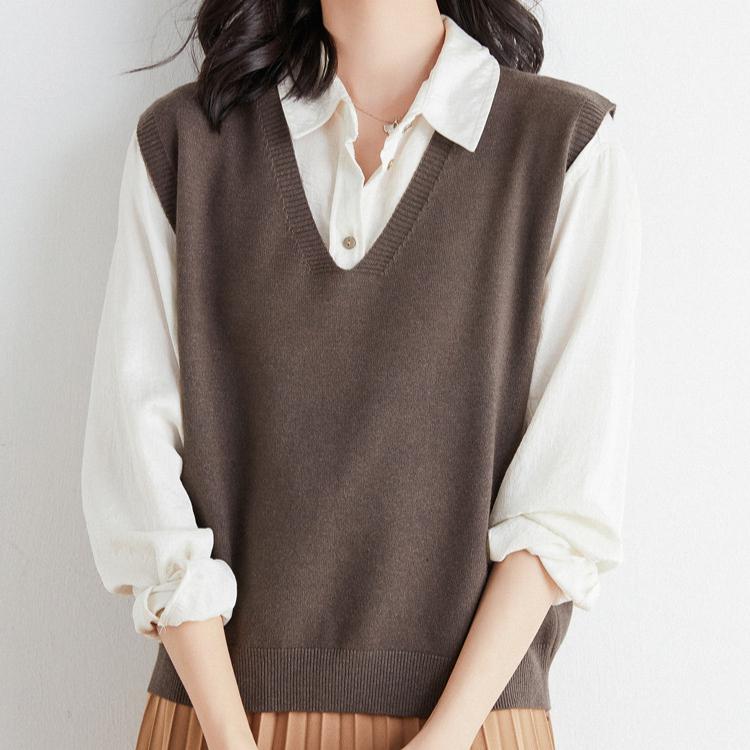

Однотонный трикотажный жилет, женский свободный повседневный свитер с V-образным вырезом, короткий жилет, трикотажный жилет с открытыми плечами, осенне-зимний трикотаж без рукавов, женская одежда M коричневый