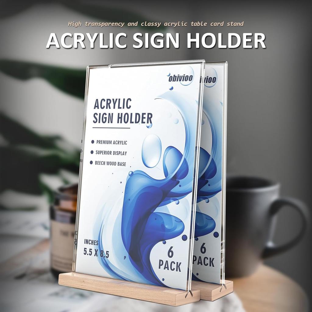 Acrylic Sign Holder 5.5x8.5 with Wood Base, Clear T shape Table Display Stands for Office, House, Store, Restaurants, and Event use, Double side