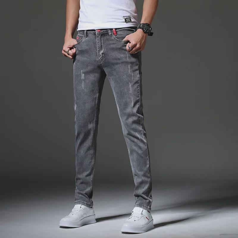 Men's Slim-Fit Korean Style Trendy Elastic Casual Black and Gray Jeans - 2019 Spring/Summer Collection.