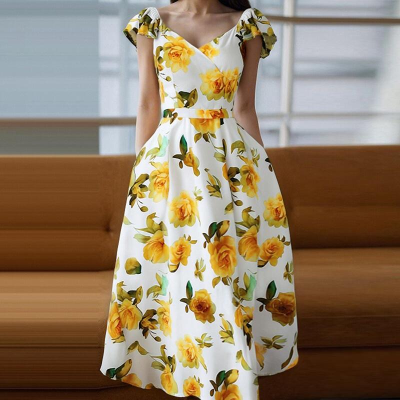 

ZANZEA Женское повседневное платье с V-образным вырезом, короткими рукавами и цветочным принтом S жёлтый