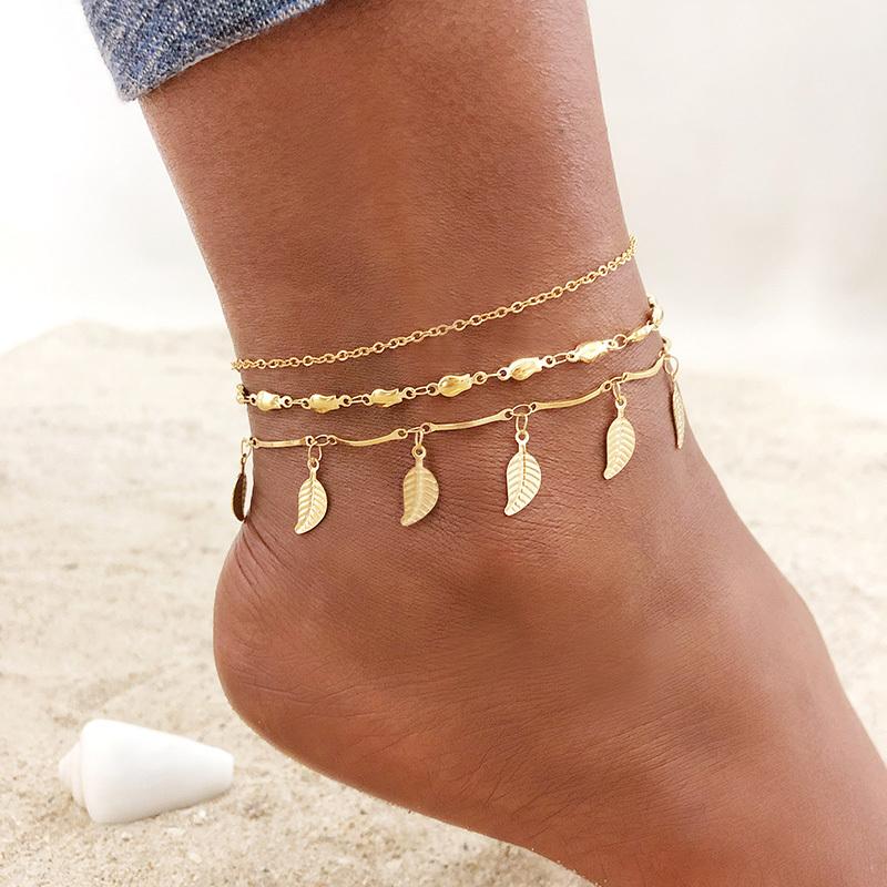 1/2/3pcs/set Gold Color Stainless Steel Chain Anklets for Women, Leg Ankle Holidays Beach Foot Jewelry,  Female Accessories