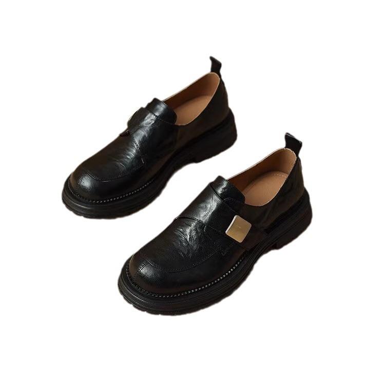 Soft leather buckle platform women's spring and autumn new retro black single shoes round head small leather shoes