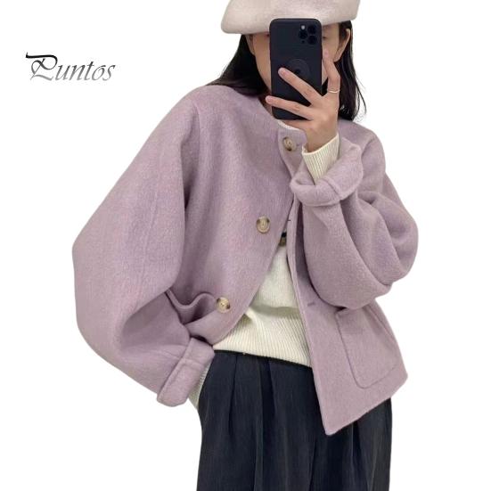 

Осень-зима Женская куртка с круглым вырезом, однобортная, с боковыми карманами, свободная короткая шерстяная куртка для шопинга, поездок на работу, повседневное пальто XXXL фиолетовый