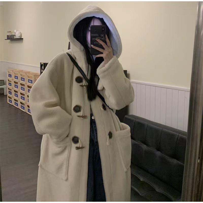 Mid Length Korean Thick Overcoat Cowhorn Button Loose Coat Winter Warm Female Fleece Hoodies Jacket Woman Lamb Wool Coats