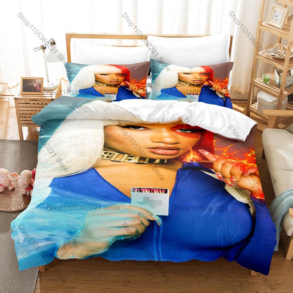 Megan Thee Stallion Duvet Cover + 2 Pillowcases Neon Hip Hop Abstract Graphic 3Pcs Zipper Quilt Cover For Rap Music Collector