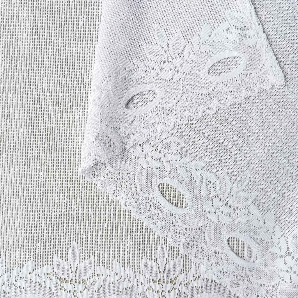 Cute white lace cafe curtains, 60cm long, for small windows. Stylish embroidered floral pattern. Perfect for privacy and short curtains for coffee