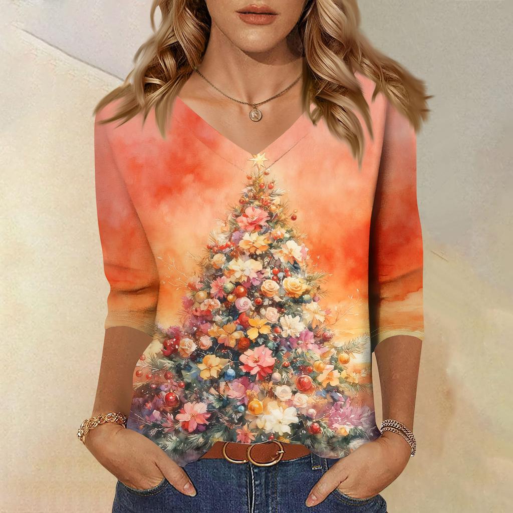3/4 Sleeve Shirts For Women Print Christmas Tees Blouses Casual Plus Size Basic Tops Pullover