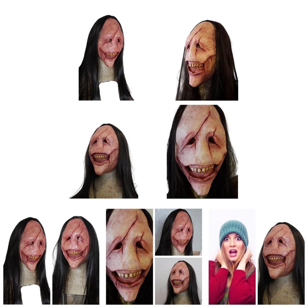 Halloween Horror Demon Mask With Long Hair Red-faced Devil Mask With Exposed Teeth